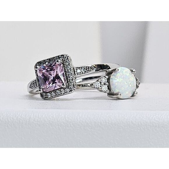 Unbranded Jewelry - 925 Sterling Silver Rings (2) Pink CZ Halo Size 9 - & Faux Opal & CZ Size 9.25